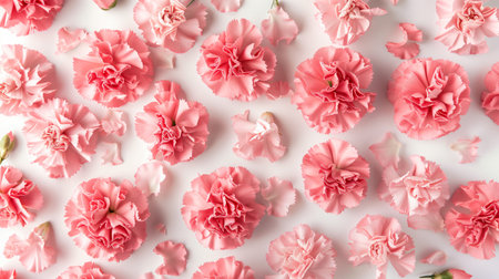 Pink carnations scattered across a white background. Generated by artificial intelligence.の素材