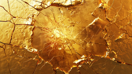Gold texture, broken gold foil and golden cracks on the wall. Closeup of large area of textured golden metal surface. Generated by artificial intelligence.の素材
