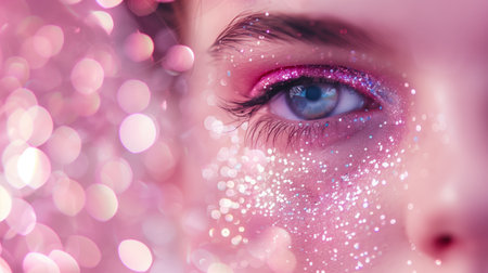 A pink pastel background with sparkling glitter focusing on the face. Generated by artificial intelligence.の素材