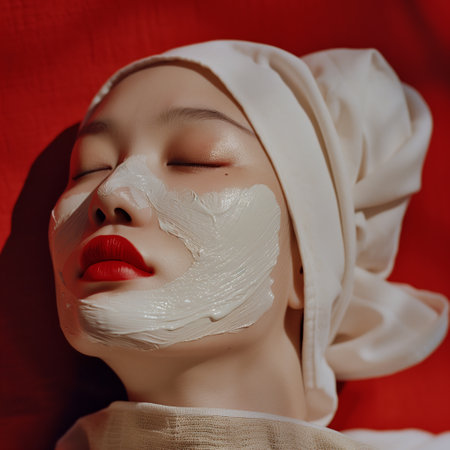 A beautiful Asian woman with her eyes closed with red lipstick and face mask on the red background.の素材