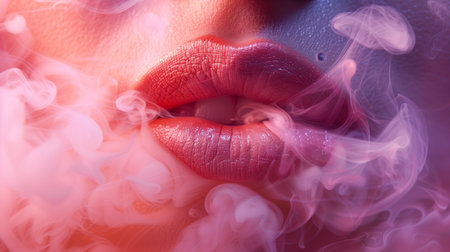 Close-up of a girl's lips painted with pink matte lipstick surrounded by pink smoke. Generated by artificial intelligence.の素材