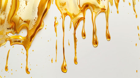 Gold liquid paint dripping on a white background in the style of abstract art, closeup.の素材