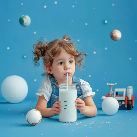 A cute little girl is drinking milk with a straw, surrounded by some toys on the blue background.の素材