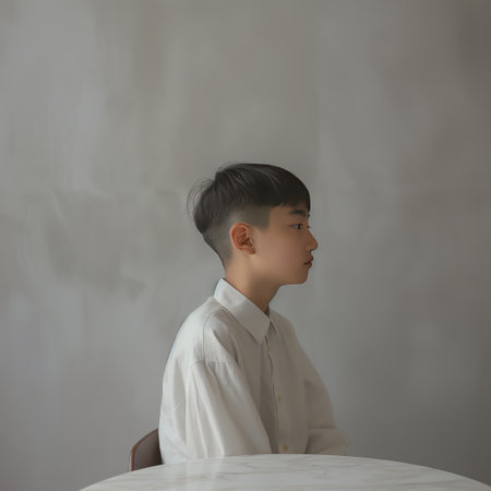 A Chinese boy in a white shirt sitting at a table, wearing white with short hair, with a minimalist background.の素材