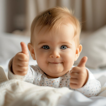 A cute baby smiling and giving the thumbs up on the soft beautiful background.の素材