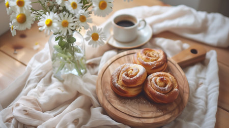 A cinnamon rolls and coffee on table, surrounded by daisies in ceramic vases.の素材