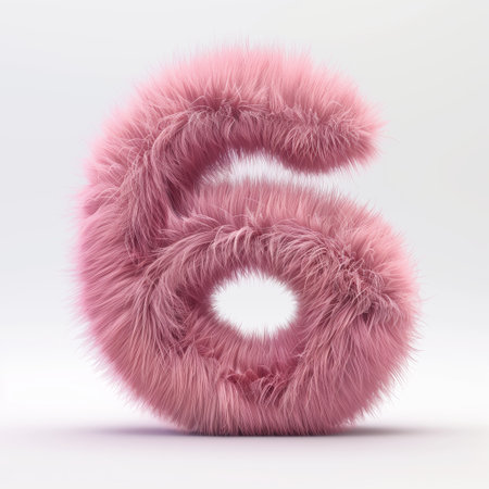 Cute pink number 6 as fur shape on a white background.の素材