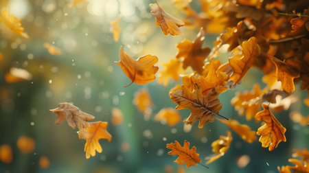 A tranquil background of gently falling Irish oak leaves.の素材