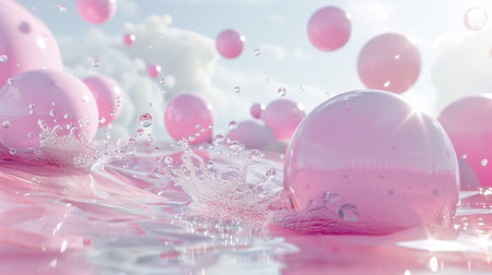 3D spheres floating around the water in pink and white colors.の素材