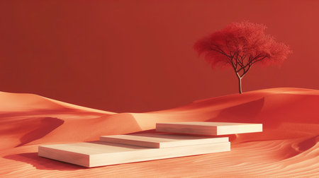 A minimalistic podium in the desert, with a red and orange color palette, with an abstract tree next to it.の素材
