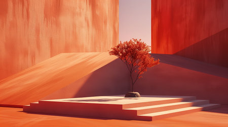 A minimalistic podium in the desert, with a red and orange color palette, with an abstract tree next to it.の素材