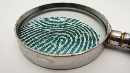 A magnifying glass observing a fingerprint with green hues.の素材