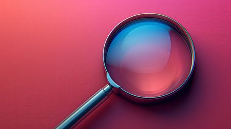 A beautiful colorful icon with a magnifying glass on a red background.の素材