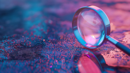 A magnifying glass lying on an iridescent surface with pink and blue lighting.の素材