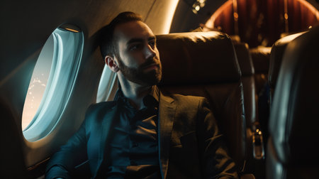 Close-up photo of a man in his 30s, wearing a suit, seated in a luxurious business class airplane.の素材