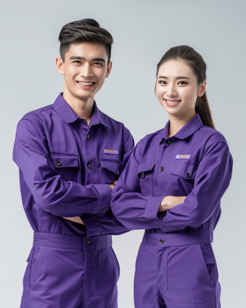 An Asian man and women engineer standing with a smile, wearing purple engineer outfits.の素材