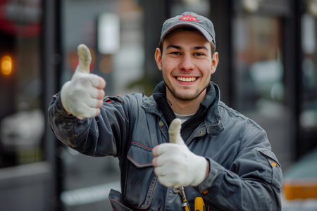 The young man wearing the gray uniform and giving thumbs up.の素材