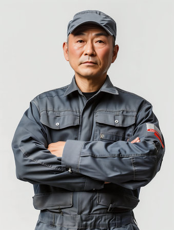 An Asian middle-aged automotive assembly worker wearing a gray uniform.の素材
