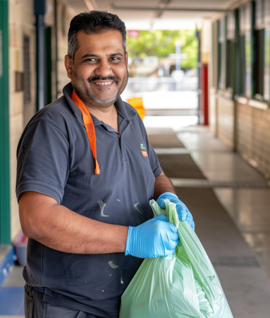 An Indian man holding a green rubbish bag.の素材