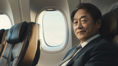 Close-up photo of a Korean man in his 30s, wearing a suit, seated in a luxurious business class airplane.の素材