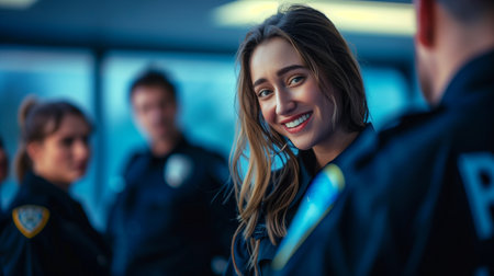 A woman with police officers standing in the middle of a meeting with happy expression.の素材