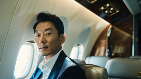 Close-up photo of a Korean man in his 30s, wearing a suit, seated in a luxurious business class airplane.の素材