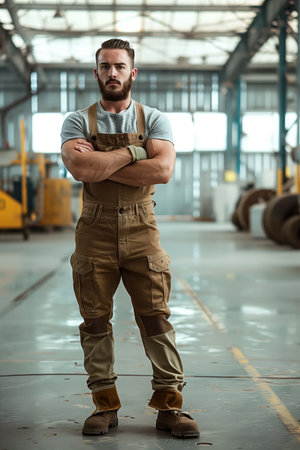 A sturdy man, wearing brown work clothes, standing in a factory building.の素材