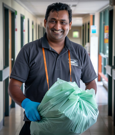 An Indian man holding a green rubbish bag.の素材