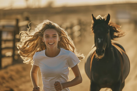 A woman is running in the desert next to a black horse.の素材