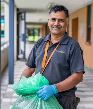 An Indian man holding a green rubbish bag.の素材