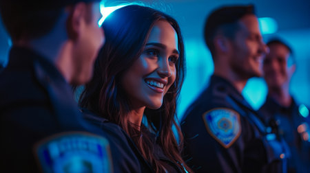 A woman with police officers standing in the middle of a meeting with happy expression.の素材