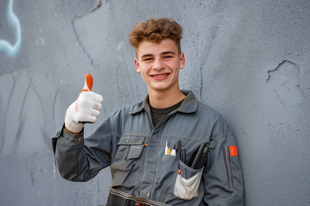 The young man wearing the gray uniform and giving thumbs up.の素材