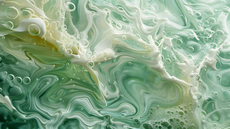 Swirling green and white fluid, resembling the texture of abstract painting, with bubbles floating in it.の素材