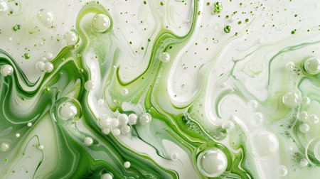 Swirling green and white fluid, resembling the texture of abstract painting, with bubbles floating in it.の素材