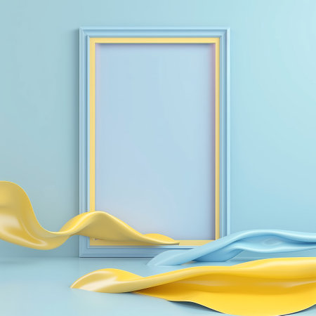 An abstract background with empty picture frame in pastel yellow blue color.の素材
