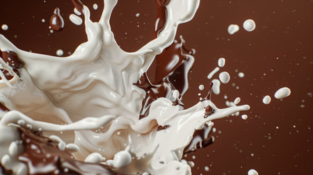 Milk and chocolate splashes on a brown background.の素材