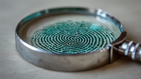 A magnifying glass observing a fingerprint with green hues.の素材
