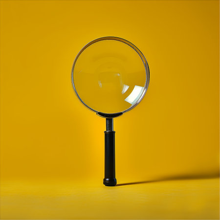 A black and silver magnifying glass on the minimalist yellow background.の素材