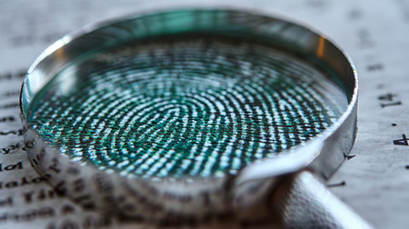 A magnifying glass observing a fingerprint with green hues.の素材