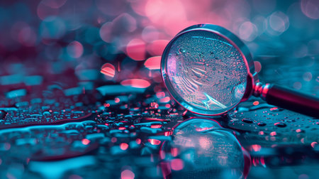 A magnifying glass lying on an iridescent surface with pink and blue lighting.の素材
