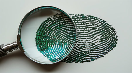 A magnifying glass observing a fingerprint with green hues.の素材