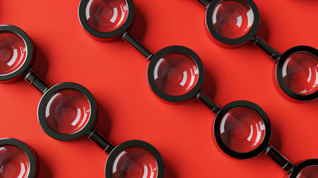 Gleaming black magnifying glasses arranged in an aesthetically pleasing pattern on a red background.の素材