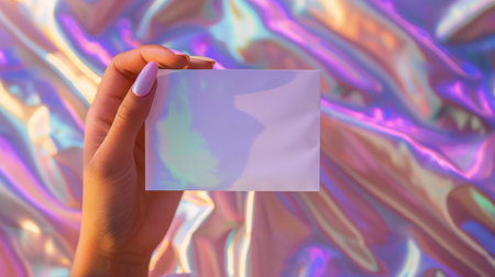 A woman's hand holds up a white card by the fingertips on the iridescent background.の素材