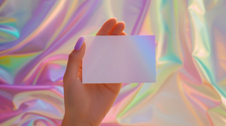 A woman's hand holds up a white card by the fingertips on the iridescent background.の素材