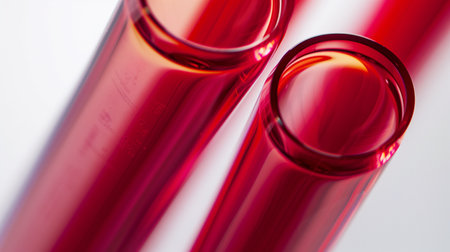 Closeup of two red glossy tubes on a white background.の素材