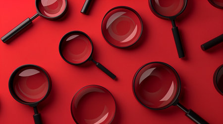 Gleaming black magnifying glasses arranged in an aesthetically pleasing pattern on a red background.の素材