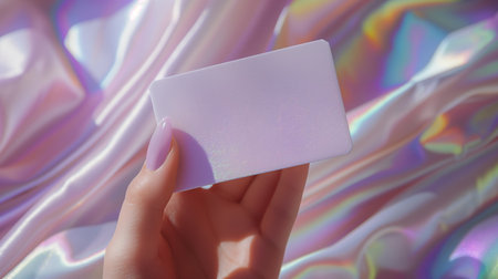 A woman's hand holds up a white card by the fingertips on the iridescent background.の素材