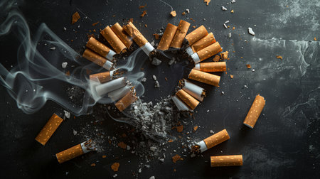 Broken cigarettes with smoke and ash pile in shape of heart on black backgroundの素材