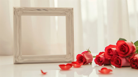 A wooden frame on the table decorated for St. Valentine's Day with many red roses are in the base.の素材