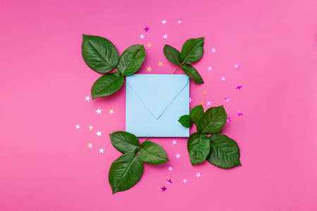 Very Peri color, confetti, stars, envelope , postcard, letter ,invitation, top view, wallpaper, anniversary, invitation, flat lay, mother, romantic, birthday, valentine, march, wedding, blue, background, lilac, beautiful, gift, festive, holiday, celebration, colorful, decoration, season, dayの写真素材